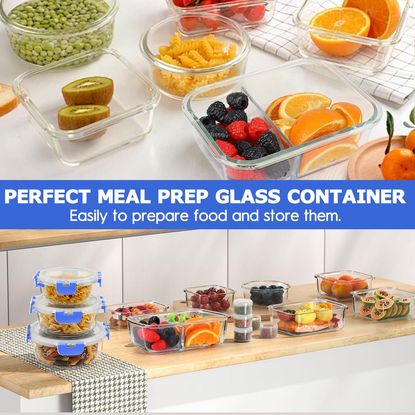 42pcs Glass Food Storage Containers with Lids Set, 21 Containers & 21 Lids Include One 2 Compartments Glass Meal Prep Containers with Snap Locking Lids, Leak Proof Lunch Containers BPA-Free,Blue