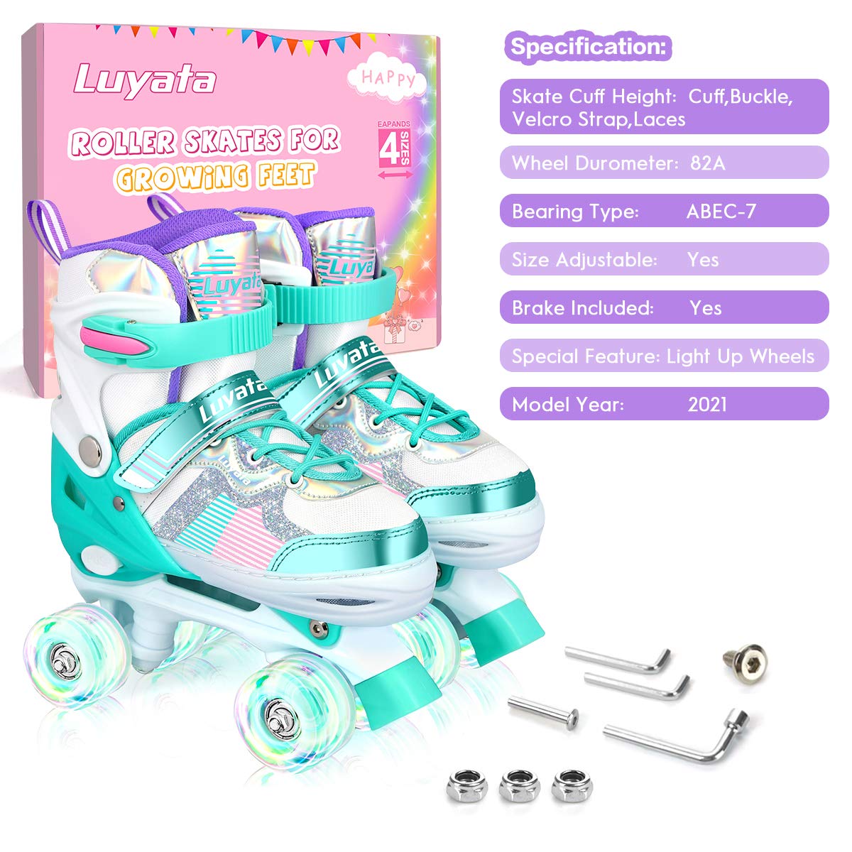 Roller Skates for Girls Boys Adjustable, 4 Size Ages 3-12 , Kids Roller Skates with Light Up 8 Shining Wheels, 3 Color Shining Roller Skates for Toddlers Boys Girls Beginners(Size 10C - 13C US)