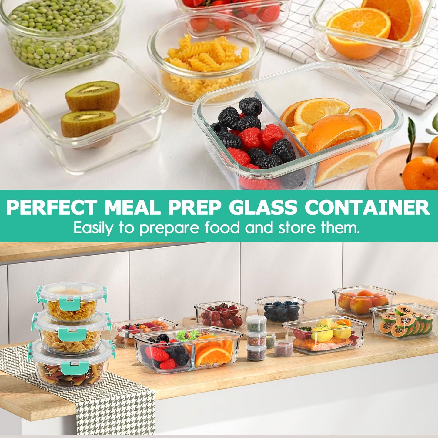 42pcs Glass Food Storage Containers with Snap Locking Lids Set, Glass Meal Prep Containers (21 Containers & 21 Lids Include One 2 Compartments),Leak Proof Lunch Containers BPA-Free,Green