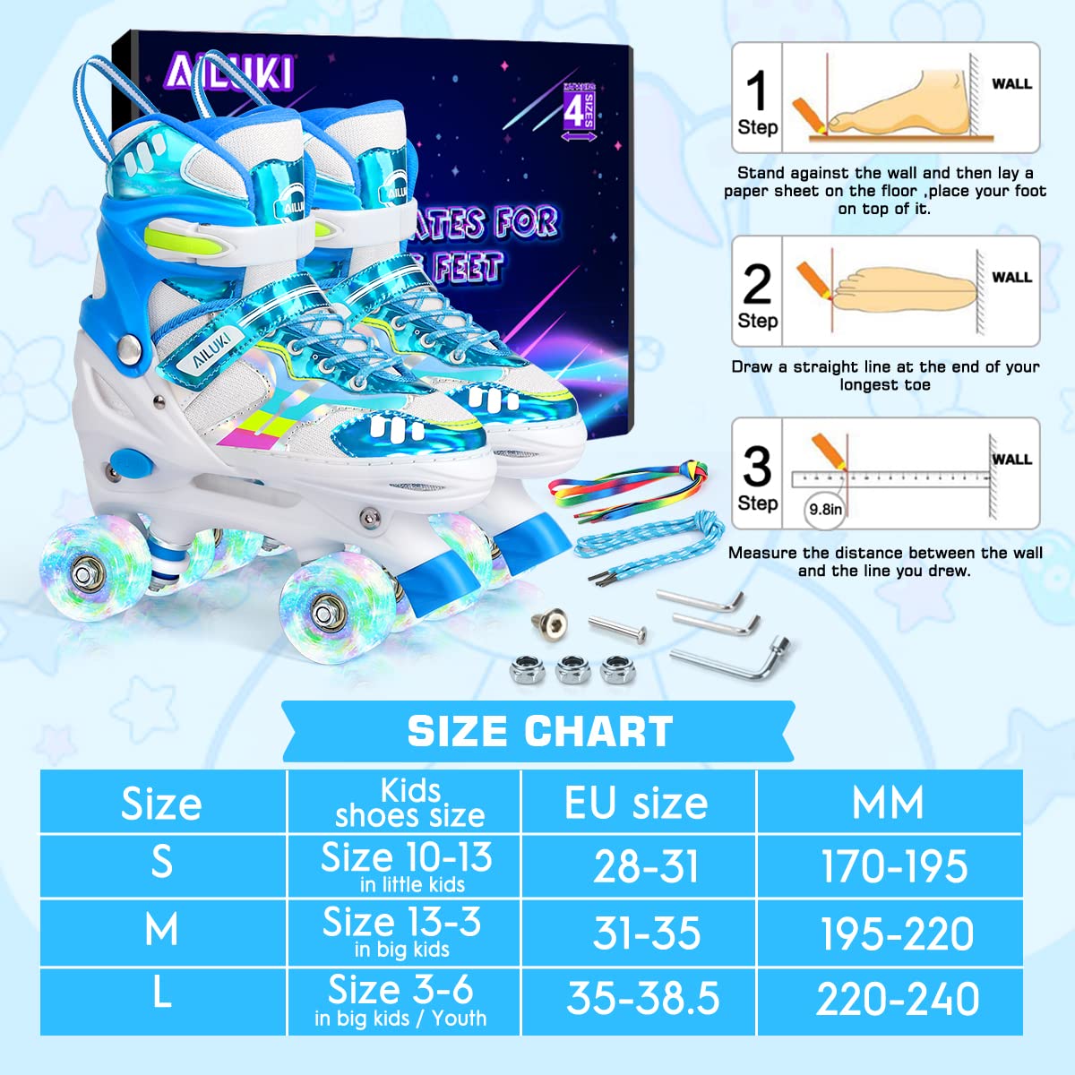 Roller Skates for Girls and Boys,4 Size Adjustable Kids Toddler Roller Skates with Light up Wheels for Toddlers Children Outdoor Indoor / Blue/L