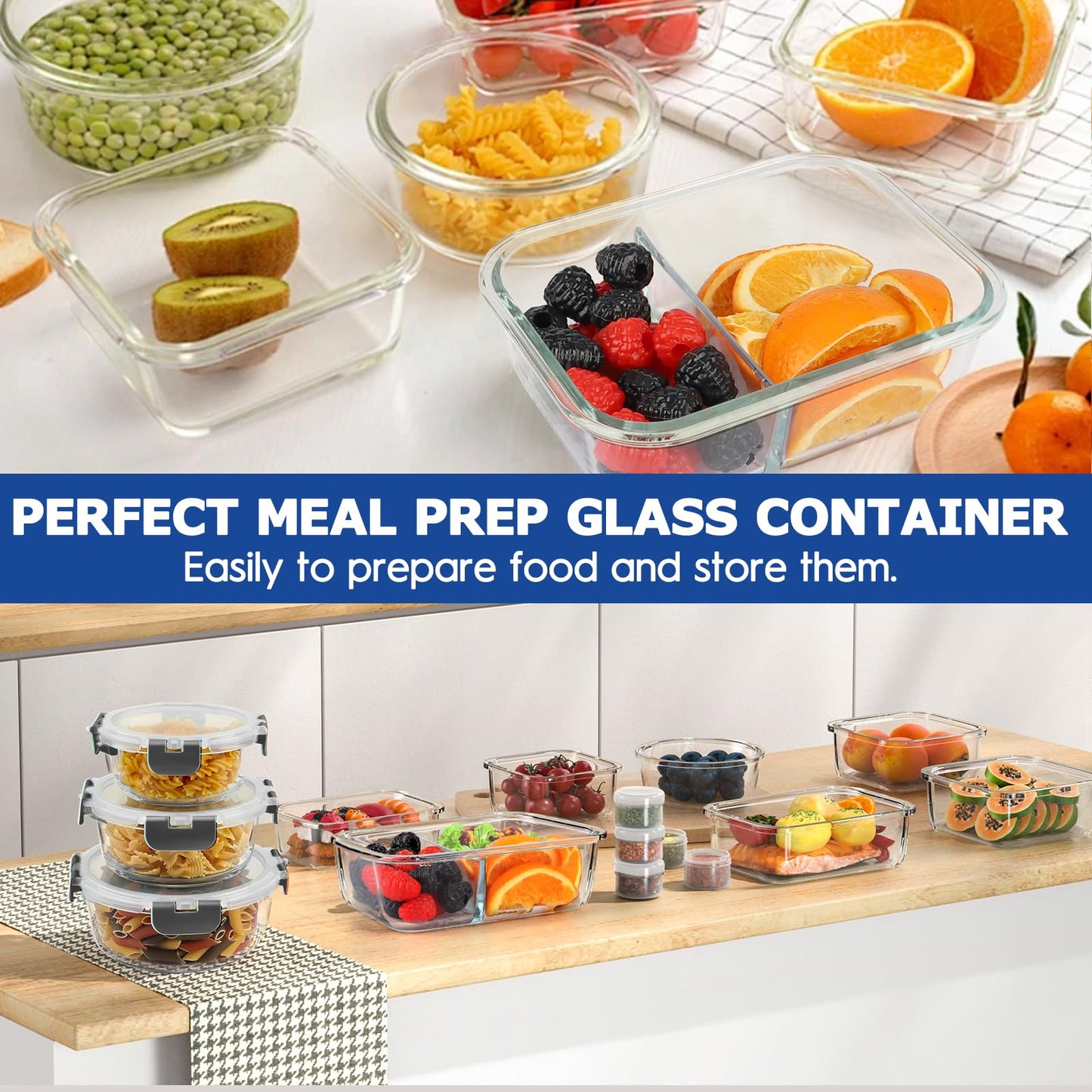 42pcs Glass Food Storage Containers with Lids Set, 21 Containers & 21 Lids Include One 2 Compartments Glass Meal Prep Containers with Snap Locking Lids Set, Leak Proof Lunch Containers BPA-Free,Grey