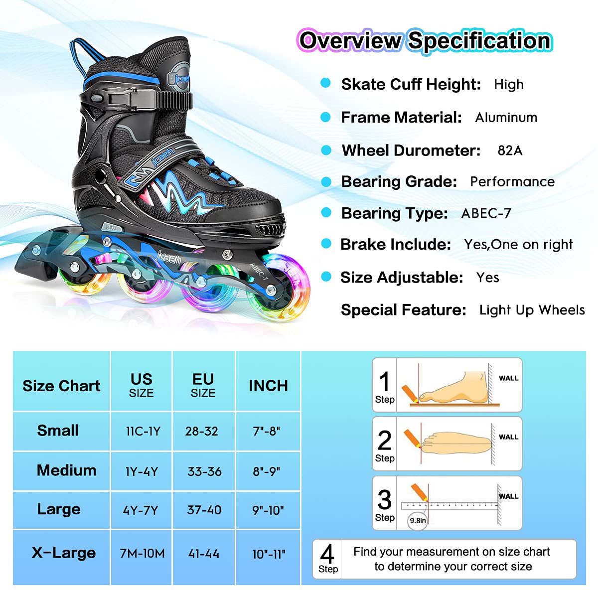 Adjustable Inline Skates for Kids and Adults, jcaeh 4 Sizes Outdoor Blades Roller Skates with Full Illuminating Light Up Wheels for Girls and Boys, Men and Women