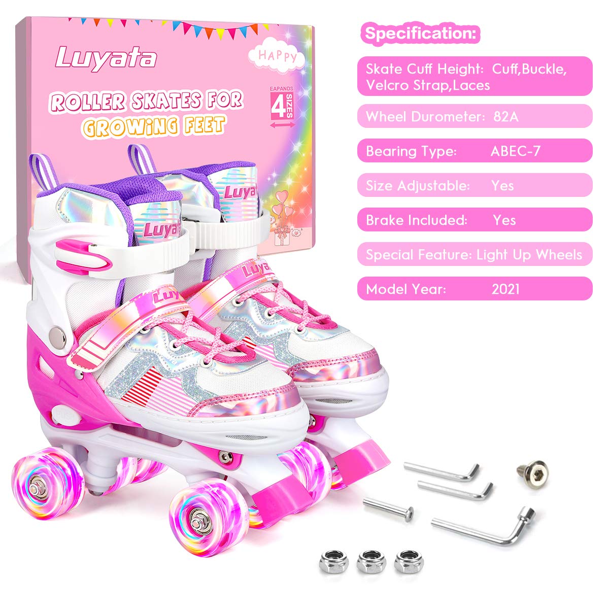 Roller Skates for Girls Boys Adjustable, 4 Size Ages 3-12 , Kids Roller Skates with Light Up 8 Shining Wheels, 3 Color Shining Roller Skates for Toddlers Boys Girls Beginners(Size 10C - 13C US)