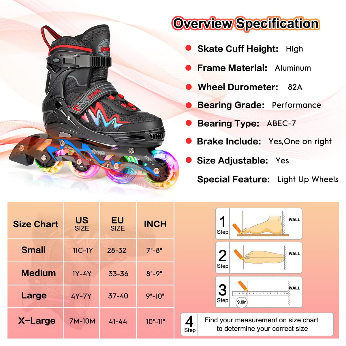 Adjustable Inline Skates for Kids and Adults, jcaeh 4 Sizes Outdoor Blades Roller Skates with Full Illuminating Light Up Wheels for Girls and Boys, Men and Women