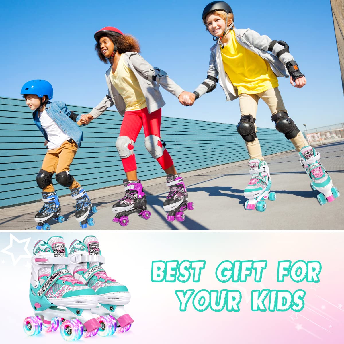 Roller Skates for Girls Boys Kids Toddler, 4 Sizes Adjustable Kids Roller Skates Outdoor Indoor with Light up Wheels