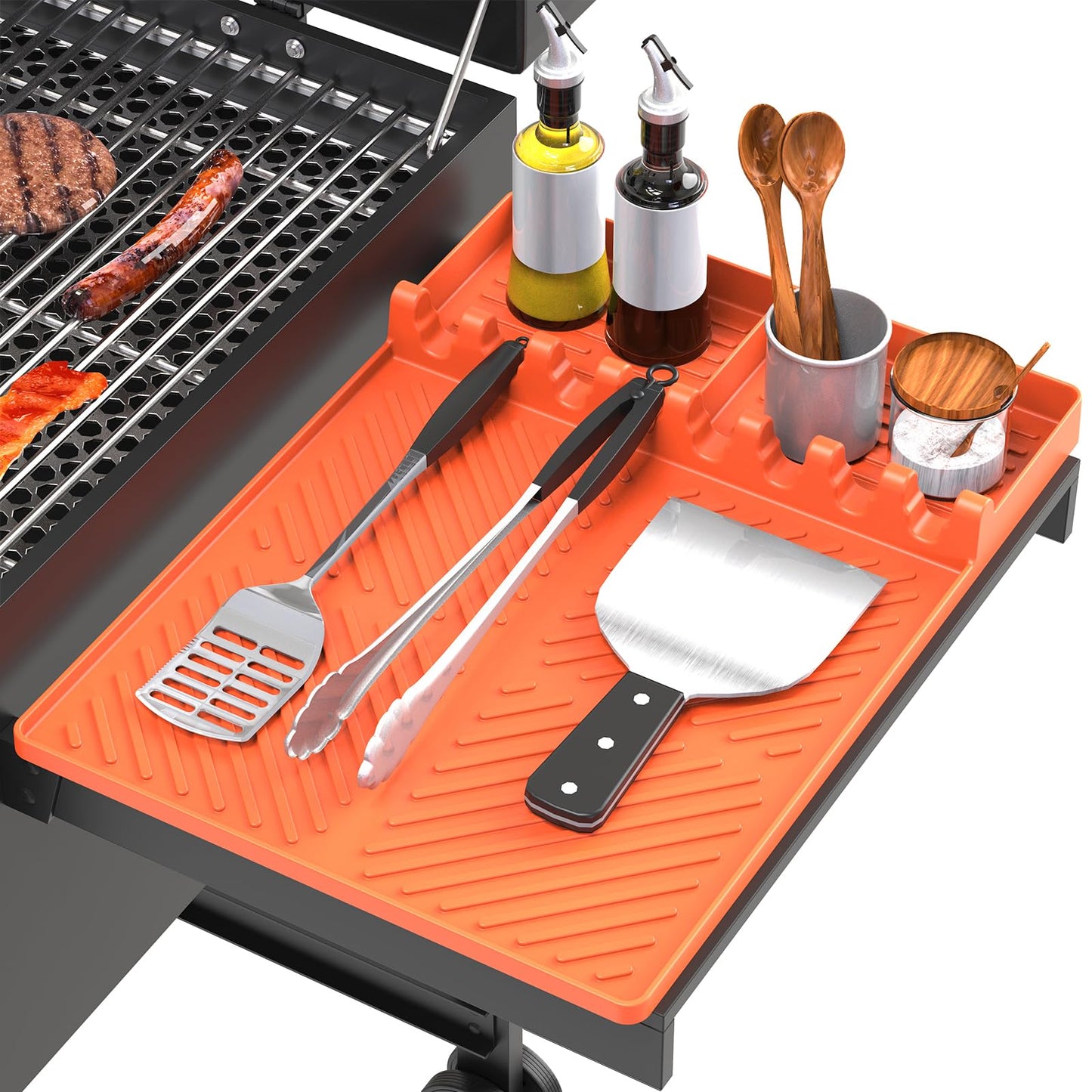 Silicone Grill Mat Compatible with Blackstone, Silicone Griddle Tools Spatula Mat with Drip Pad, (Orange)